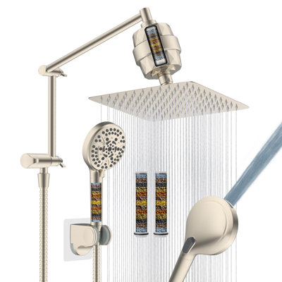 10” High Pressure Rainfall Shower Head With Handheld Spray, 16" Adjustable Extension Arm, 2 Pack Shower Filters