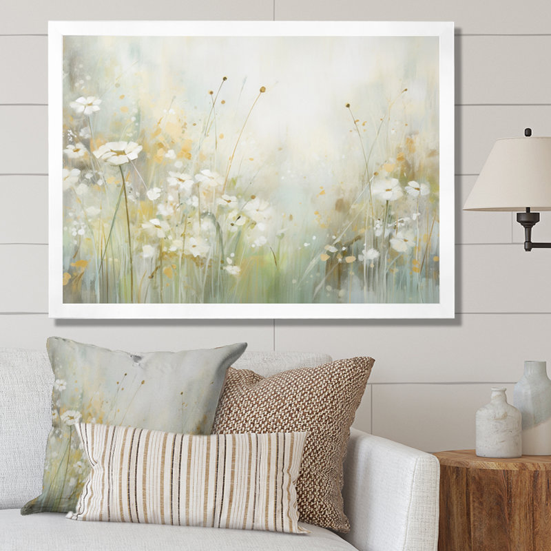 «Green Beige Serene Meadows II - Abstract Botanicals», art mural, Cadre simple blanc, H 34 po x l 44 po x P 1,5 po