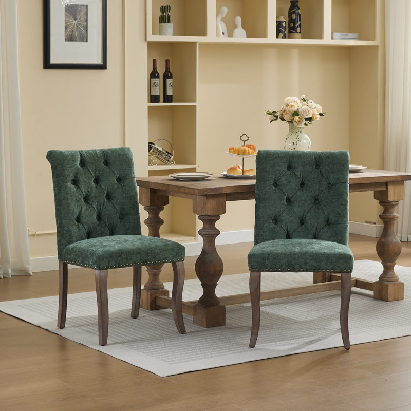 Chaise de salle à manger rembourrée en tissu de chenille, dossier capitonné élégant, pieds incurvés en bois massif, ensemble de 2, vert olive