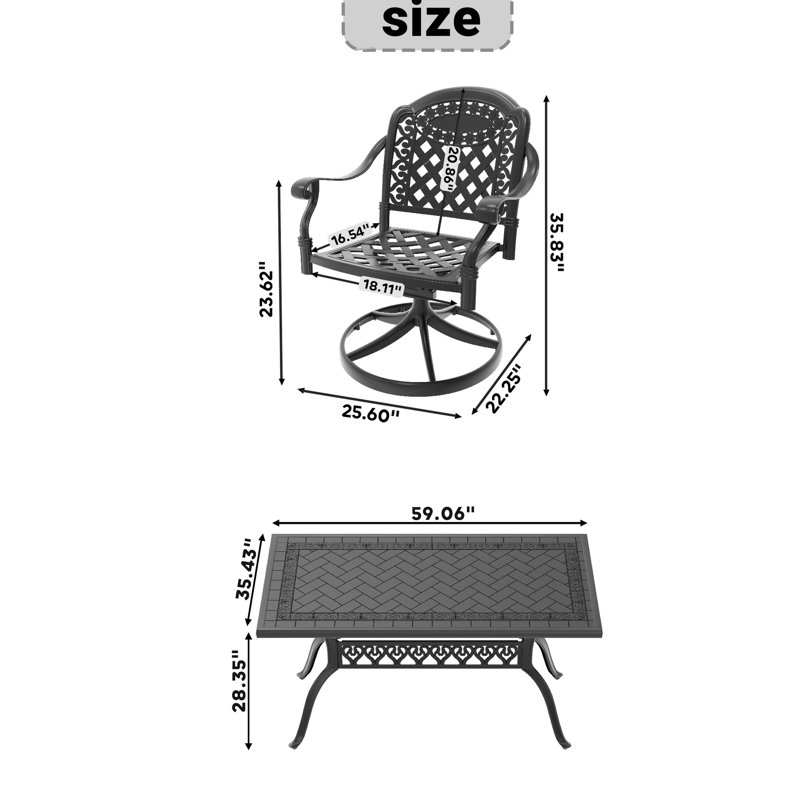7 chaises en aluminium coulé - 6 chaises pivotantes et table d'extérieur, 6
