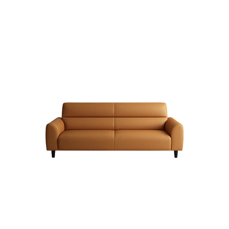 Canapé double en cuir orange, équipé de coussins, H 32,68 po x l 66,93 po x P 31,5 po