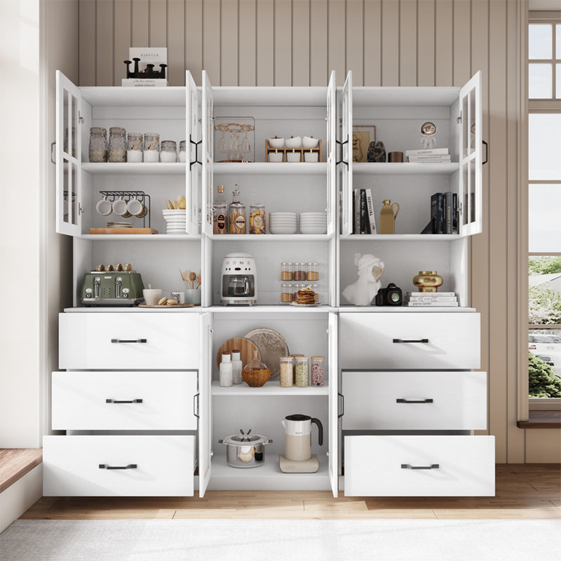 Garde-manger 71 po x l 71 po avec bibliothèques, rehausse de porte en verre avec tiroir et comptoirs spacieux (BAB), Blanc