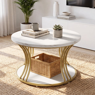 Round Faux Marble Coffee Table, White with Gold Metal Frame