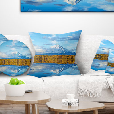 Landscape Printed Ancient Volcano and Lake Panorama Pillow