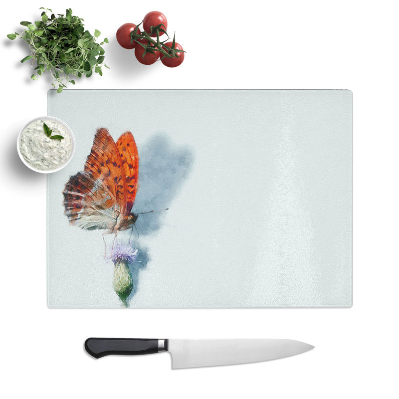 Tempered Glass Orange Butterfly on a Thistle Chopping Board, 20 cm x 28.5 cm