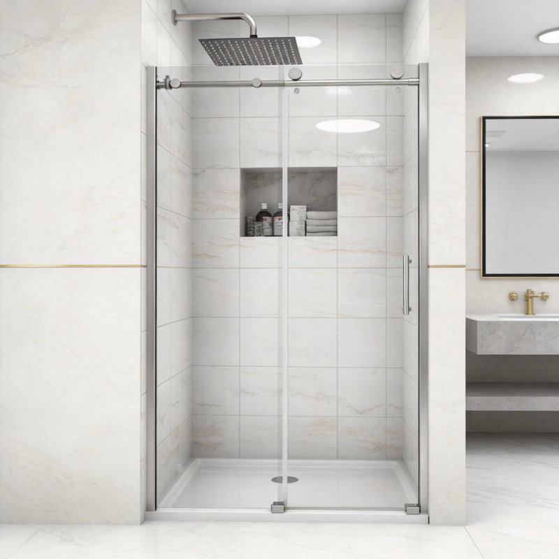 Porte de douche coulissante sans cadre, 122 cm (L) x 193 cm (H), chromée, verre trempé 8 mm, Chrome