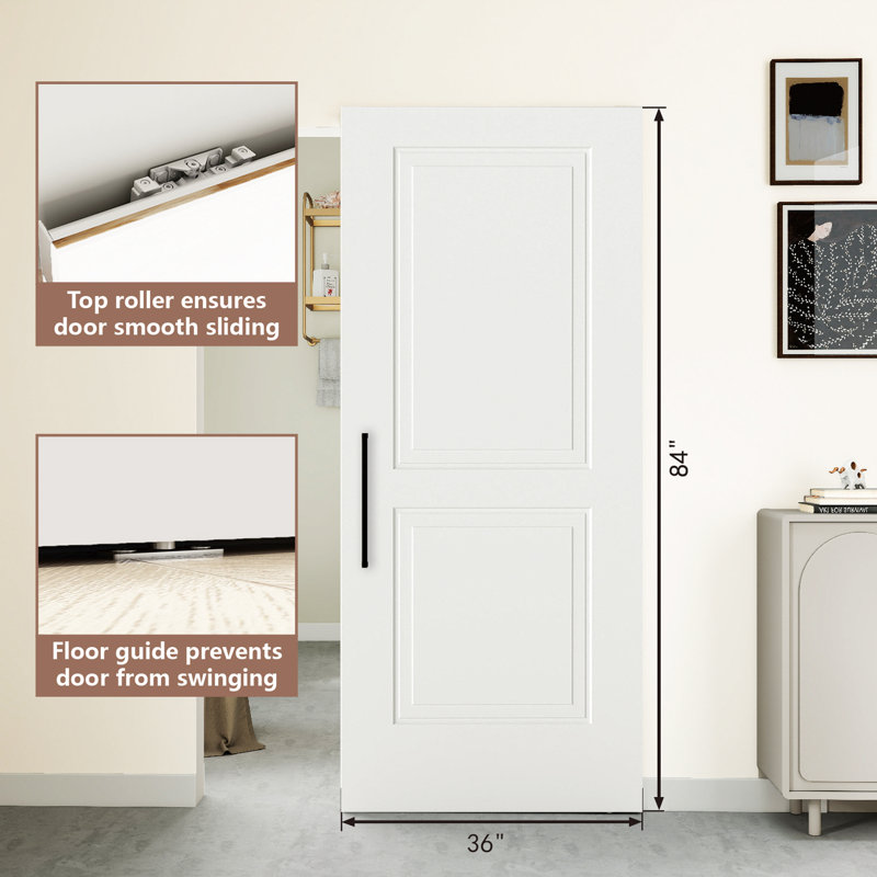 Portes de grange coulissantes 36 po x 84 po dissimulées et invisibles magiques blanches avec trousse de quincaillerie d'installation, y compris une poignée d'échelle noire matte d'un côté et l'autre poignée encastrée noire matte, 2 panneaux plats avec 2 marches