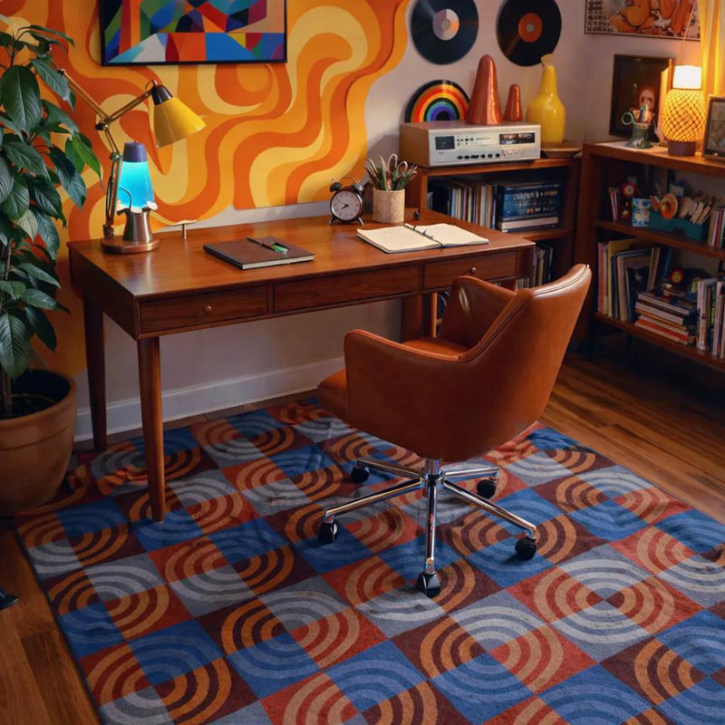 Altamirano Wool Hand-Tufted Modern Area Rug in Blue, Navy, Red, Orange, Brown, and Gray – Concentric Circles Op Art Style
