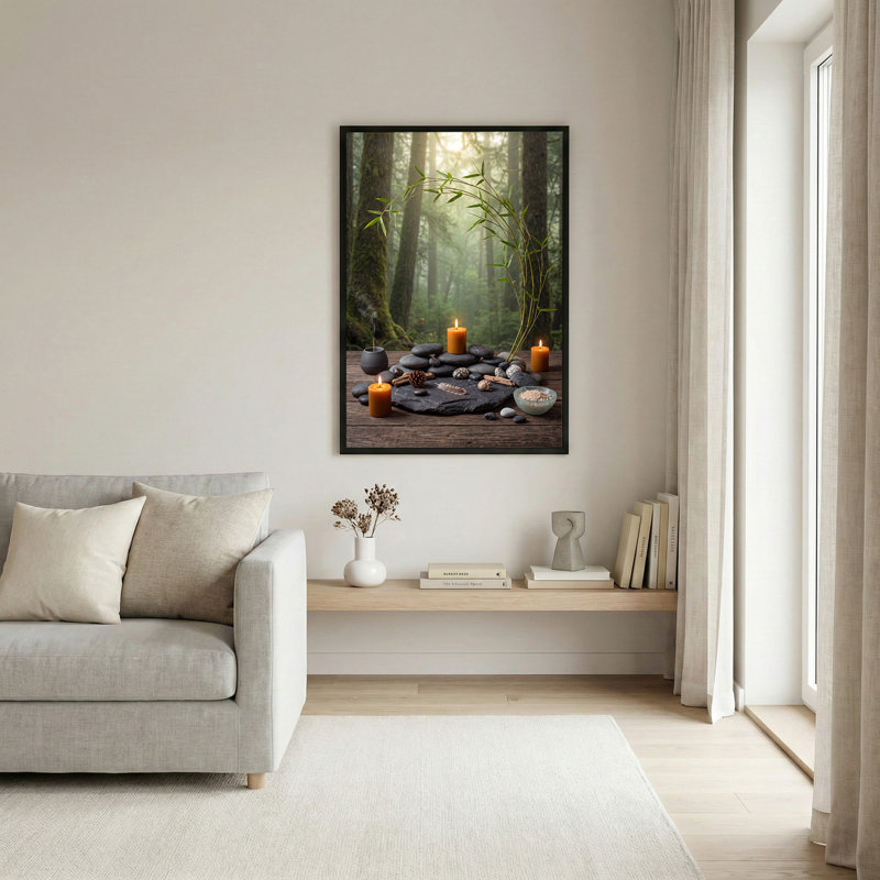 Art mural sur toile Stacked Stones Bamboo and Candles in Misty Woods, 36"H x 24"W