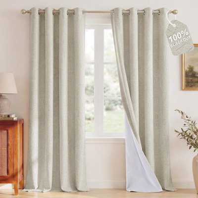 Linen Blend 100% Blackout Ivory Curtains 84 inches Long, White Liner Composite Thermal Drapes Casual & Relax Sound Reducing Window Treatments for Bedroom, W52 x L84, 2 Panels