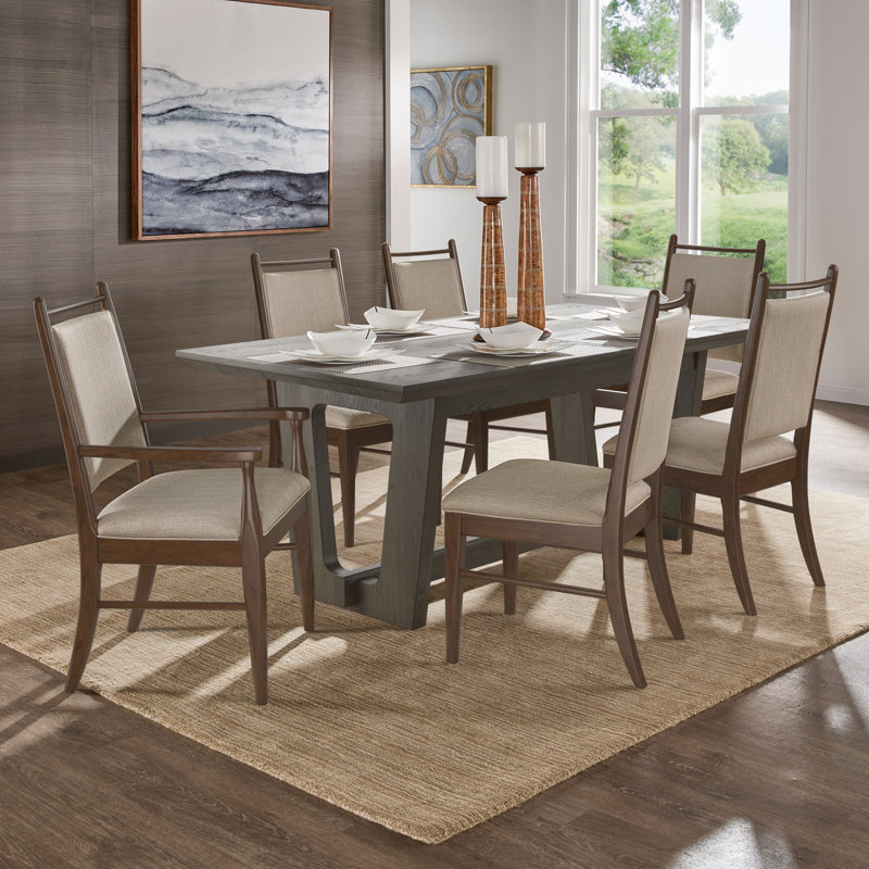 Cipolla 72" Wood Finish Rectangular Dining Set - 7-Piece, Dining Table, Beige Fabric Arm Chairs And Side Chairs, Grey