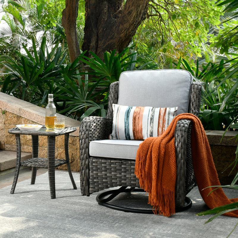 Rocking Swivel Patio Wicker Lounge Chairs With Cushions And Table, Gray, Light Gray