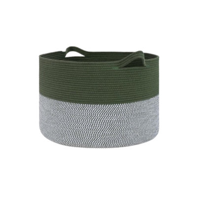 Panier à couvertures en corde de coton tissé vert et blanc