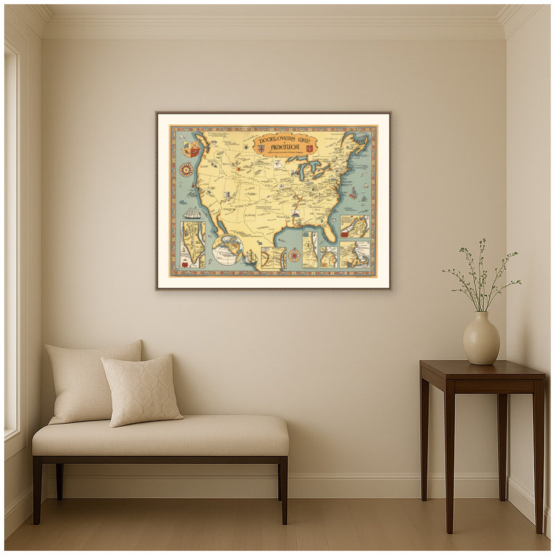 «Book Lovers America Map» par Paul M Paine, reproduction d'art sur toile encadrée
