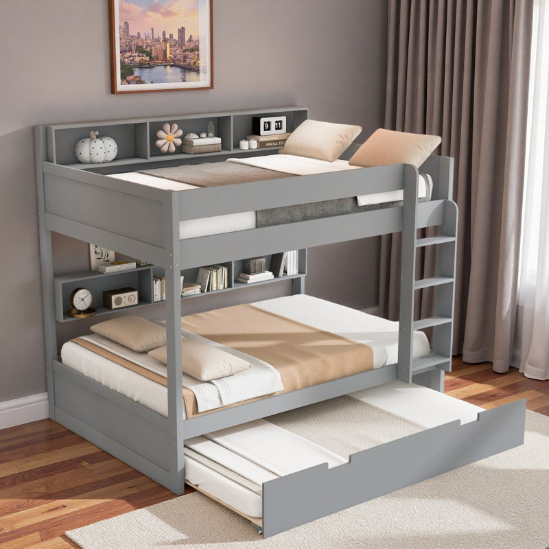 Lit superposé avec lit gigogne et rangement intégré, Simple sur simple, Gris