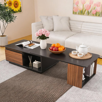 Rectangular Telescopic Wooden Coffee Table With Double Drawers For Large-Capacity Storage; A Top Choice For Living Room And Home Decor.