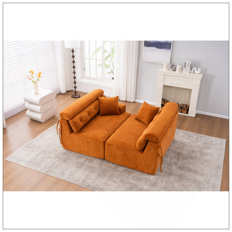 Canapé modulaire reconfigurable à 4 places avec tissu en chenille grain de bois, canapé modulaire orange ambré avec 2 coussins, canapé en éponge haute densité pour salon et appartement