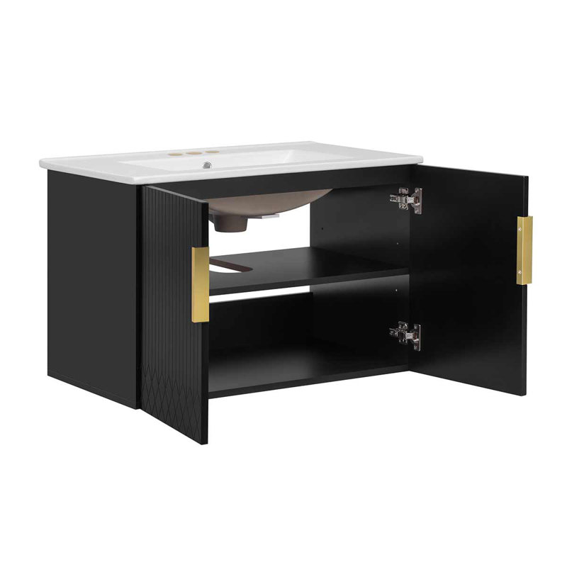 Meuble-lavabo moderne de 30 pouces avec lavabo en céramique, armoire avec 2 portes à fermeture douce, Noir