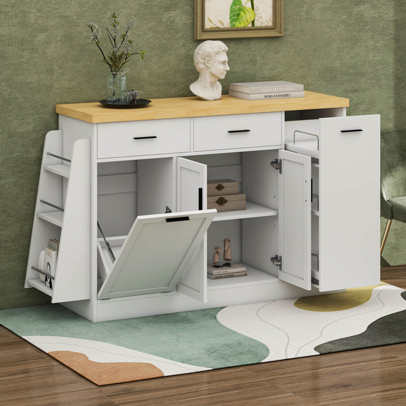 Buffet multifonctionnel avec rangement pour poubelle cachée, armoire à porte coulissante et support à épices à 3 niveaux - Design moderne deux tons