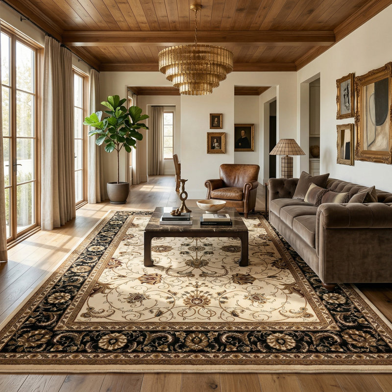 Rug Branch Yasmin Beige/Black Persian Medallion Indoor Area Rug, Traditional, Low Pile, Stain-Resistant Carpet - Living Room, Bedroom, Dining Room, and Kitchen