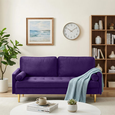 67" Mid Century Modern Loveseat Sofa, 2-Seater Velvet Tufted Love Seat Couch with Bolster Pillows, Golden Frosted Legs for Small Space, Living Room, Apartment, Bedroom