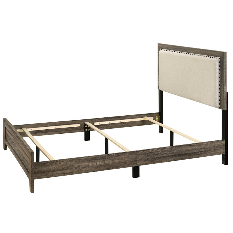 Lit simple gris tapissier pour chambre à coucher, lit en bois massif et finition solide avec tête de lit et placages, mobilier élégant