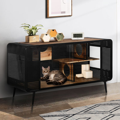 Maison de chat moderne avec ventilation - Keep Air Fresh Verre trempé spacieux Matériau bois et fer Noir + brun Design facile à assembler et à organiser soigneusement
