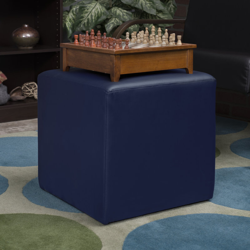 Jean Square Stool Ottoman, Navy Blue Faux Leather