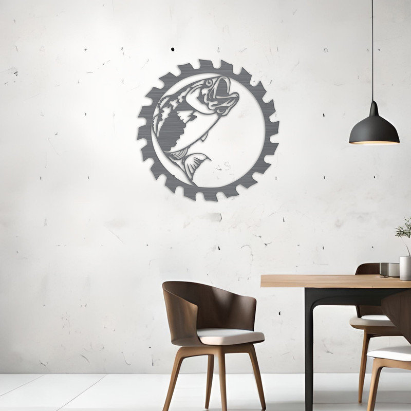 Art mural en forme de lame de scie avec poisson - ACM, Noir, H 32 po x l 32 po x P 0,25 po