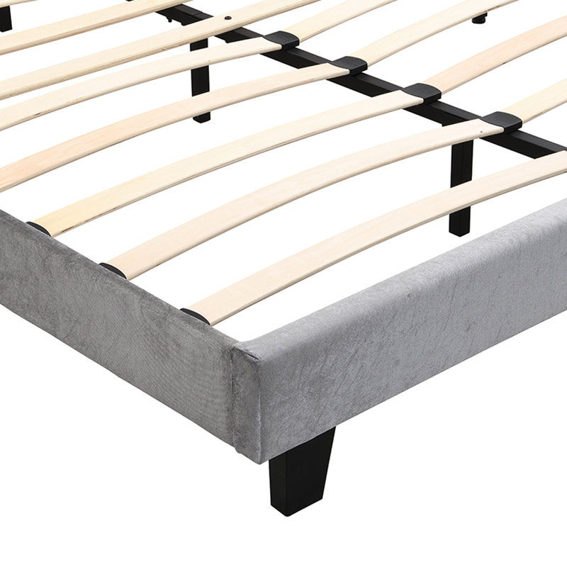Lit rembourré en velours gris avec boutons - Grandes courbes en bois avec support à lattes et lumières DEL Assemblage facile Aucun sommier nécessaire pour une fondation robuste