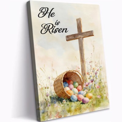 Easter He is Risen Canvas Wall Art, Christian Poster Wall Decor,  Cross and Colorful Eggs Prints Picture, Spring Painting Religious Art for Home Bedroom Living Room Decor, 20×30 Inches