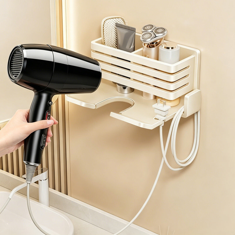 Support de sèche-cheveux mural non perforé pour salle de bain, White