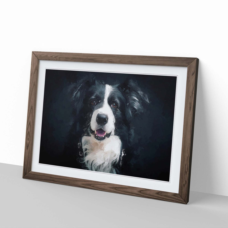 Portrait of a Border Collie Dog in Abstract - Picture Frame Painting Print, Walnut, 35cm H x 50cm W x 2cm D