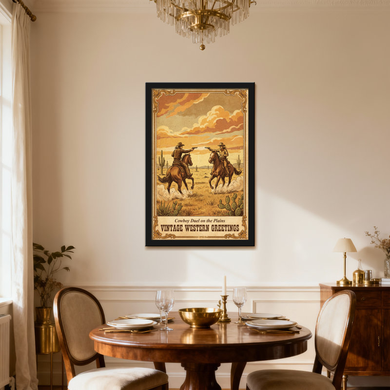 Cowboy «Duel de cow-boy dans les plaines» Salutations occidentales rétro, H 24 po x l 36 po, Noir