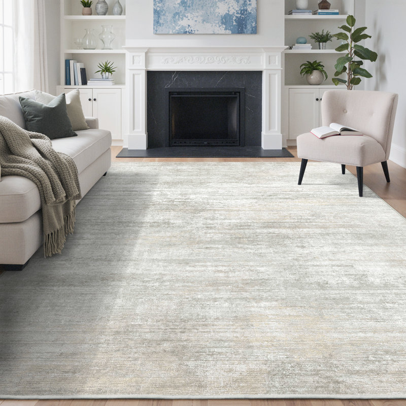 Abstract Modern Machine Washable Gray / Beige Indoor Area Rug with Non-Slip Backing, Rectangle 8' x 10'