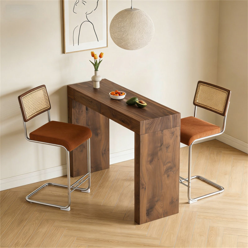 Combinaison de chaise de bar 2 pièces en velours, jumelée à une table de bar à grain de bois de noyer, avec fonction de rangement, idéale pour les restaurants et les cafés