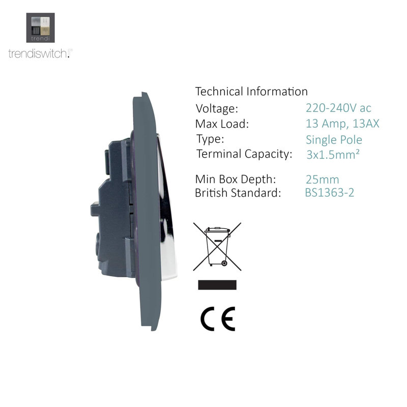 Trendi Switch 1 Gang 13 Amp Switched Plug Socket, Warm Grey