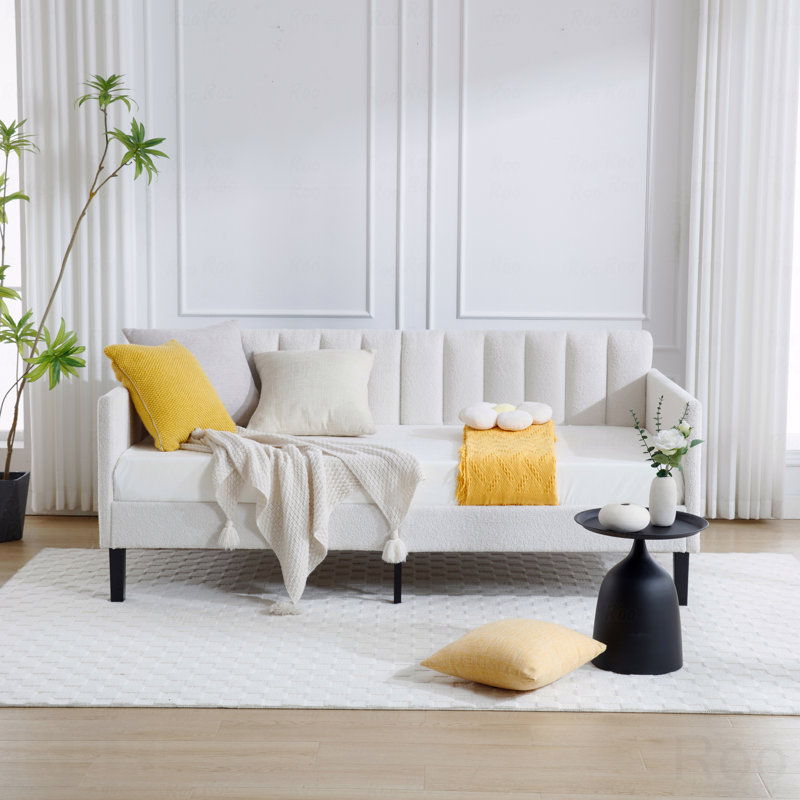 Upholstered Daybed, Twin Size Ivory Boucle Daybed, Ribbed Tufted Backrest, Daybed In Lavish Modern Design, Richly Hued Foam Comfort