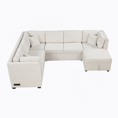Canapé-lit modulaire en forme de U de 108,6 po avec deux ports USB, deux prises de courant, trois coussins de dossier et une chaise de rangement