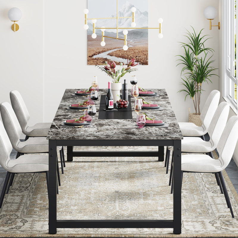 Rectangular 199.9Cm L Dining Table, 77cm H x 199.9cm L x 100.1cm W, Grey Marble, Black