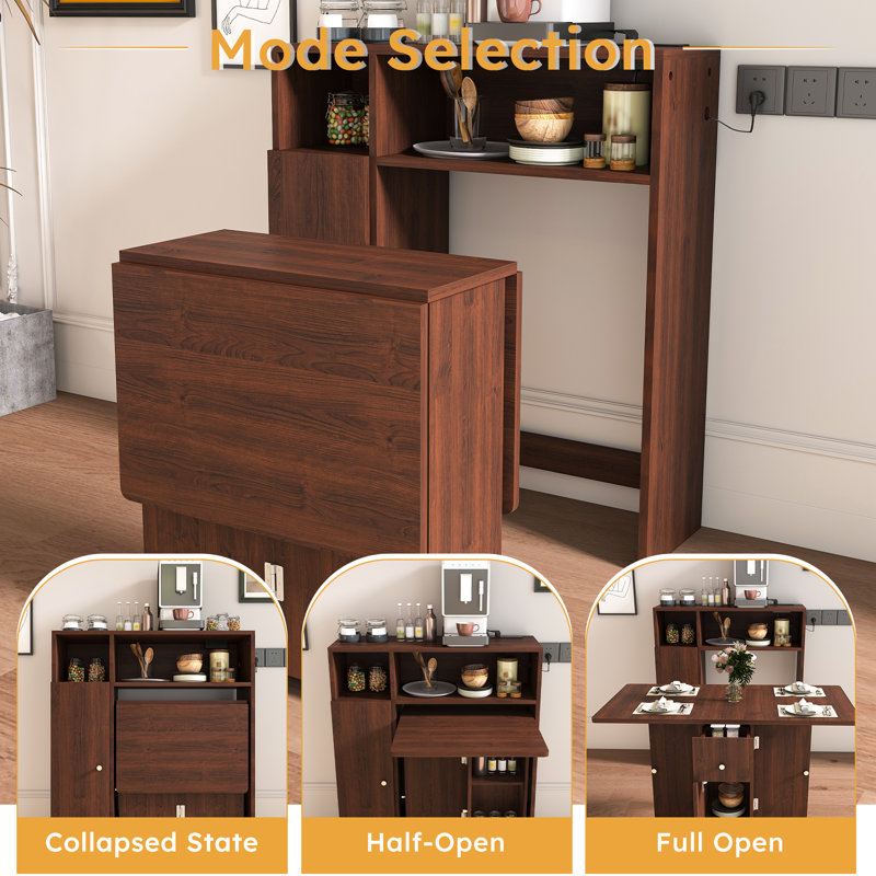 Multifunctional Folding Dining Table With Wall Mounted Sideboard And Storage Cabinet, Walnut