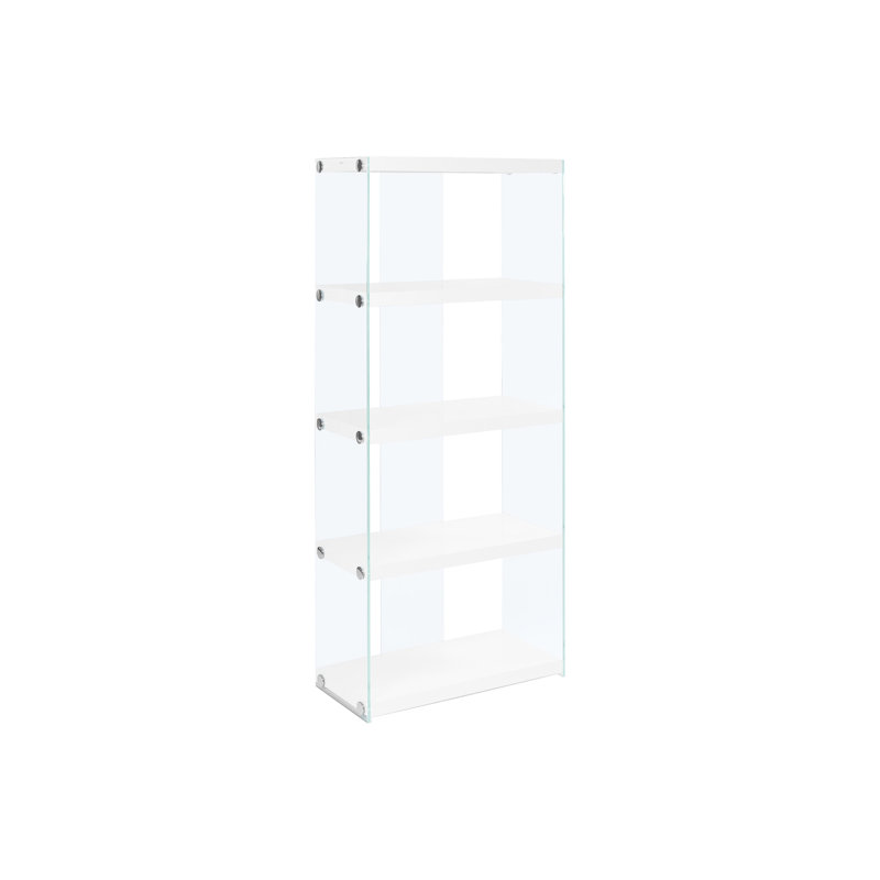Bibliothèque à 5 niveaux en verre blanc lustré et transparent, apporte une touche d'élégance à votre espace, idéale pour le salon.