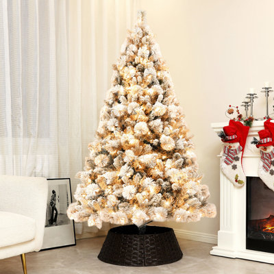 Arbre de Noël artificiel pré-éclairé avec 350 lumières claires et 1107 pointes, arbre de Noël enneigé avec support en métal, arbre de Noël à charnières pour les fêtes à la maison