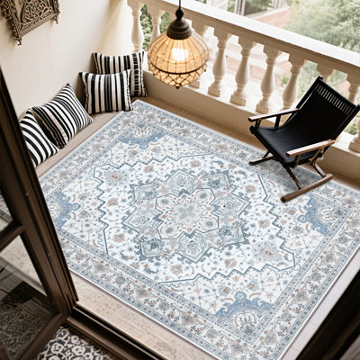 Bohemian Blue Area Rug for Living Room, 5x7 Low Pile Throw Rugs with Rubber Backing, Performance Rug for Bedroom, Dining Room, Modern Rug for Home Decor, Washable Indoor Outdoor Rugs, Ideal For High Traffic Areas