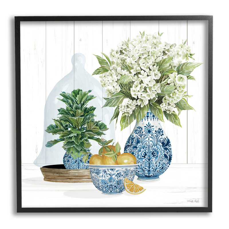 «Country Botanicals Citrus Arrangement» par Cindy Jacobs - cadre flottant, impression sur bois, Giclée encadrée noir minuit