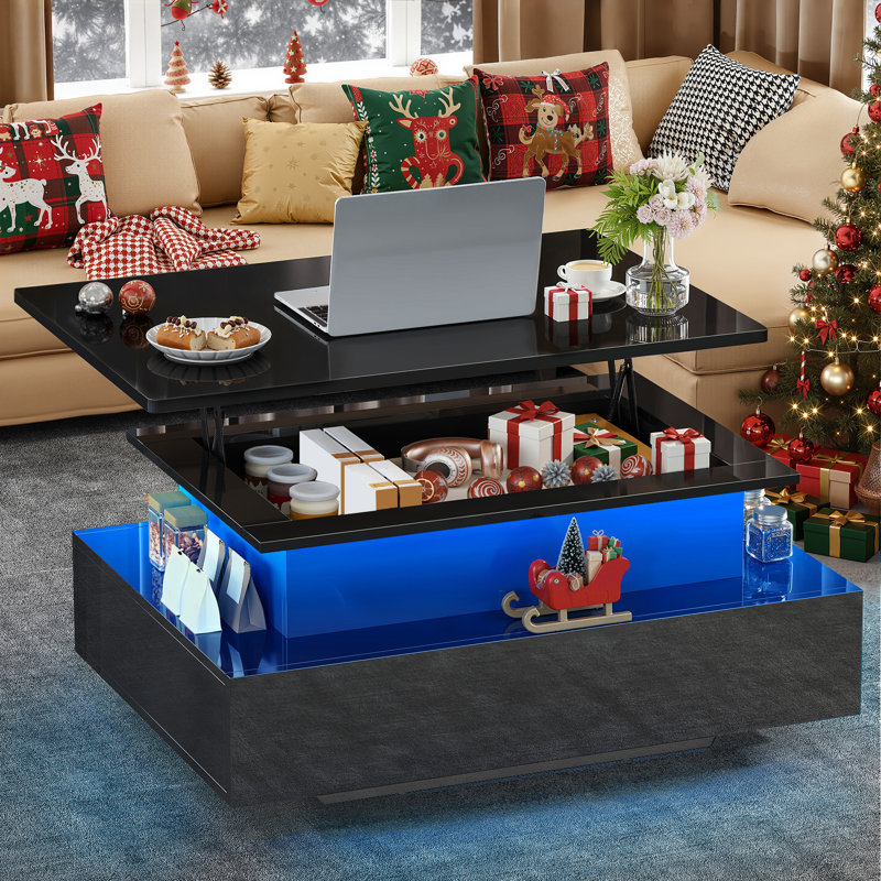  High Gloss Coffee Table With Drawer, Living Room Table Height Adjustable With 16 Colour LED, Black