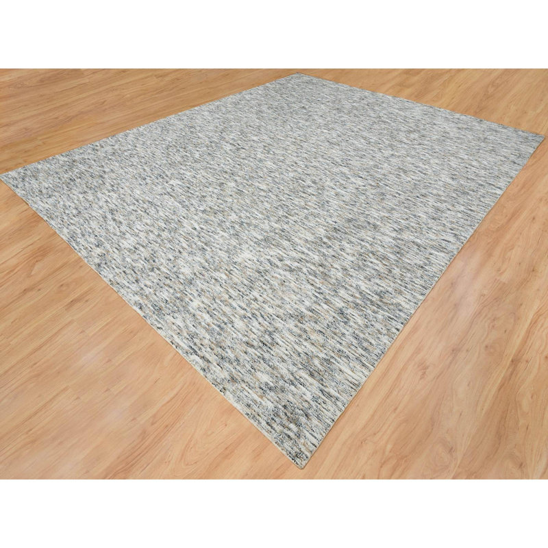 Tapis beige en laine noué à la main de conception unique 12 pi 2 po x 15 pi New Age