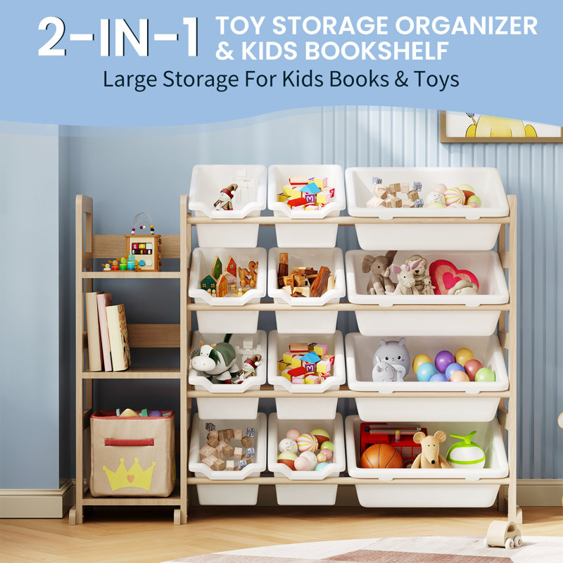 Toy Storage Organizer - Toy Organizers And Storage With Bookshelf, Toy Storage Shelf With 3 Shelves And 12 Storage Bins, Kids Bookshelf And Toy Storage For Kids Room, Playroom, Nursery