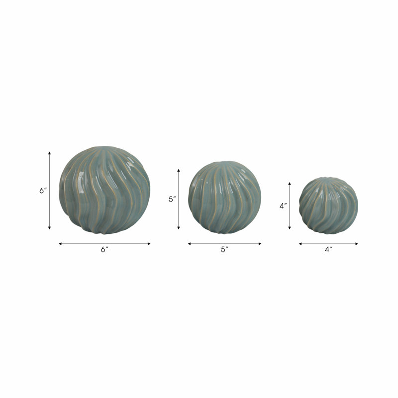 Set Of 3 Ceramic Orbs With Wavy Design – Modern Decorative Accents For Home & Office