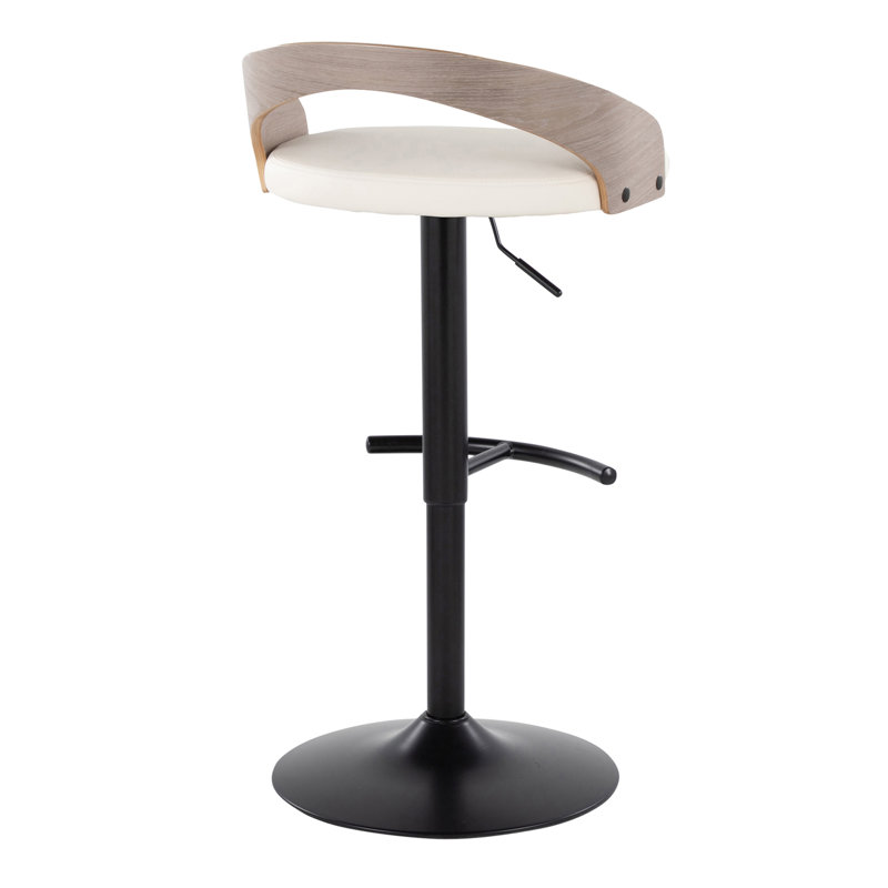 Tabouret de bar réglable en métal noir, bois gris clair et similicuir blanc avec repose-pieds arrondi en T - ensemble de 2